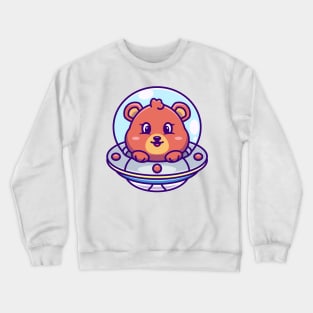 Cute bear flying with spaceship ufo cartoon Crewneck Sweatshirt